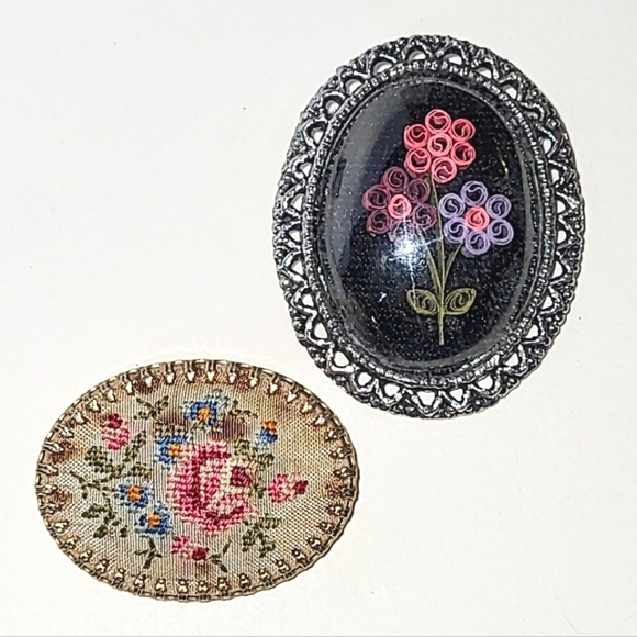 Hand Crafted Jewelry - VINTAGE HAND CRAFTED BROOCHES - PETIT POINT & ROLLED PAPER FLOWERS